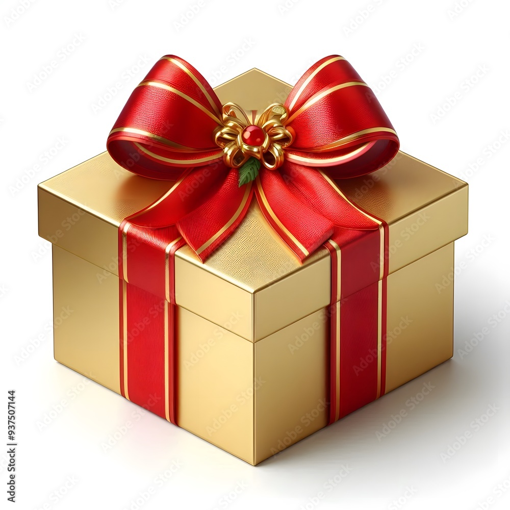 Gold Gift Box with Red Ribbon - Isolated on White Background Gold Gift Box with Red Ribbon - Isolated on White Background