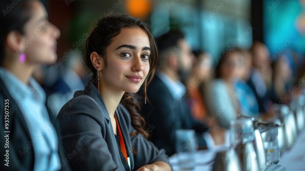 Global Discussion: Dressed in a refined pantsuit, a female executive sits at a roundtable at an international summit, attentively listening to talks on trade and economic growth.
