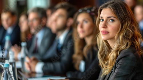 Executive Focus: Female executive in a stylish pantsuit sits at a summit roundtable, focused on discussions about international trade and economic growth with other global leaders. 