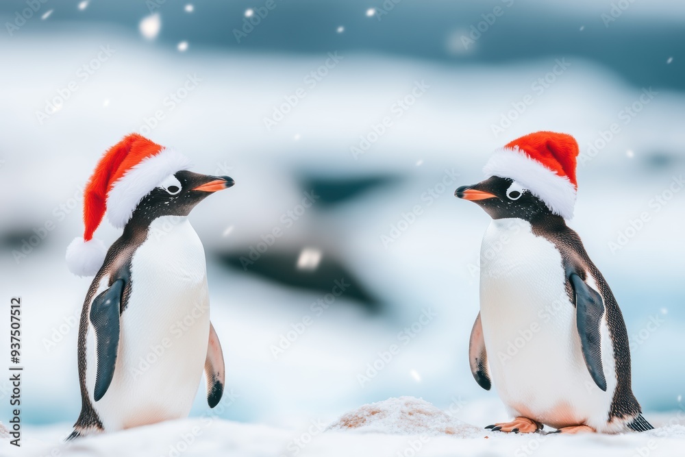 Cute penguins wearing Santa hats, standing in a snowy holiday scene with presents, trees, and a snowy village backdrop. Cute penguins wearing Santa hats, standing in a snowy holiday scene with presents, trees, and a snowy village backdrop.