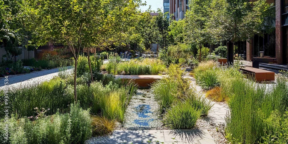 A scenic urban garden with water-efficient irrigation systems and native plant species. A scenic urban garden with water-efficient irrigation systems and native plant species.