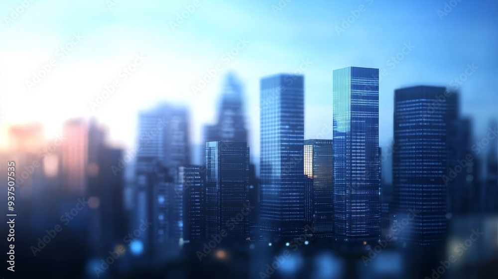 A blurred cityscape at dusk with tall buildings and a glowing sunset. A blurred cityscape at dusk with tall buildings and a glowing sunset.