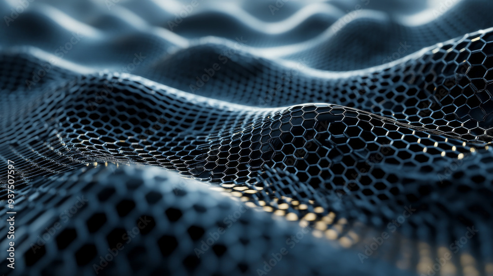Abstract metallic mesh forming a wave shape. 3D metal mesh made up of hexagons. Graphene molecular lattice. Neural network. 3D render. Abstract metallic mesh forming a wave shape. 3D metal mesh made up of hexagons. Graphene molecular lattice. Neural network. 3D render.