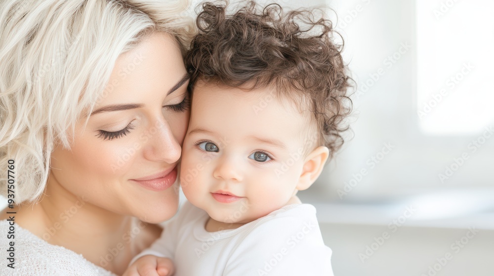 A mother lovingly embraces her baby, both dressed in cozy white outfits. The tender moment showcases a close mother-child bond. A mother lovingly embraces her baby, both dressed in cozy white outfits. The tender moment showcases a close mother-child bond.