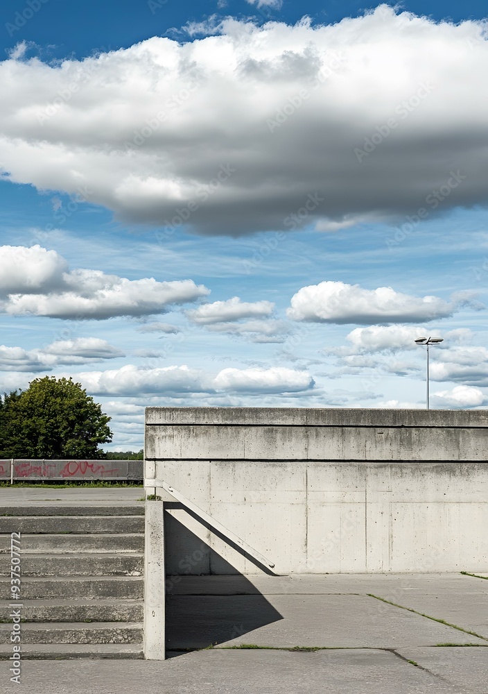 Fototapeta premium Concrete Stairs and Wall Under a Blue Sky with Clouds