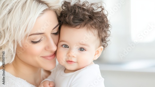 A mother lovingly embraces her baby, both dressed in cozy white outfits. The tender moment showcases a close mother-child bond.