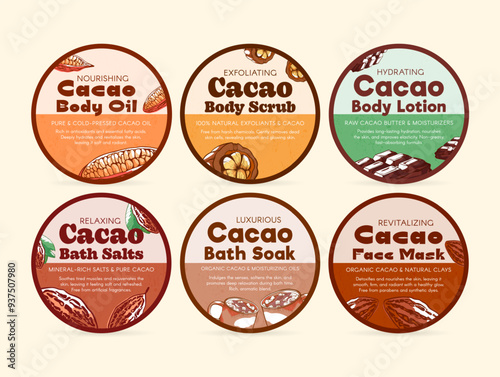 Labels showcasing natural cocoa-based body care products, highlighting the nourishing and restorative properties for skin care enthusiasts