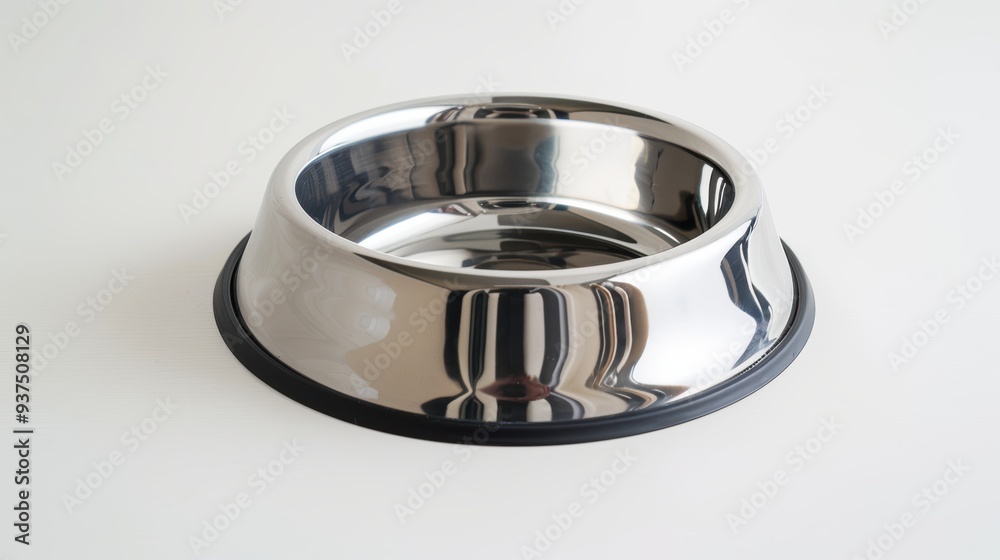 Empty shiny metal pet bowl sitting on white surface Empty shiny metal pet bowl sitting on white surface