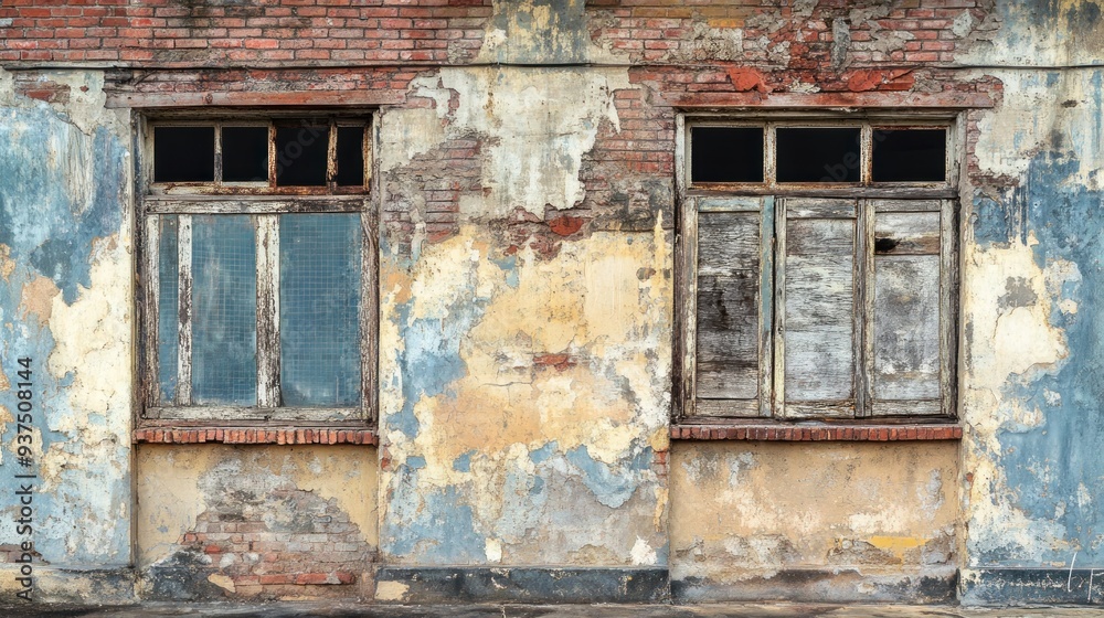 Two Windows on a Weathered Brick and Plaster Wall Two Windows on a Weathered Brick and Plaster Wall