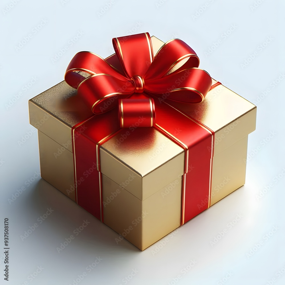 Fototapeta premium Gold Gift Box with Red Ribbon - Isolated on White Background