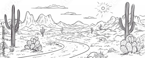 A simple black and white vector drawing of a desert landscape, with cacti and mountains in the background,