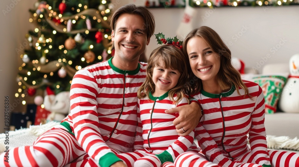 The family snuggles together in their festive red and white striped pajamas, sharing smiles and warmth in front of a beautifully decorated Christmas tree, radiating holiday cheer The family snuggles together in their festive red and white striped pajamas, sharing smiles and warmth in front of a beautifully decorated Christmas tree, radiating holiday cheer
