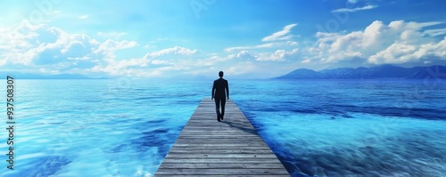 A lone figure walks on a wooden path towards the horizon, surrounded by a vast blue ocean and sky. photo