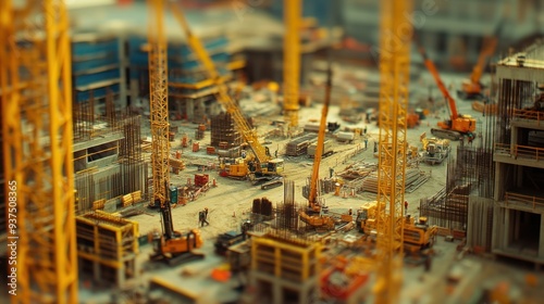 Miniature Construction Site with Cranes and Workers photo