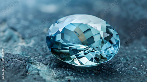 A close-up of a beautifully cut aquamarine gemstone, reflecting light in shades of pale blue