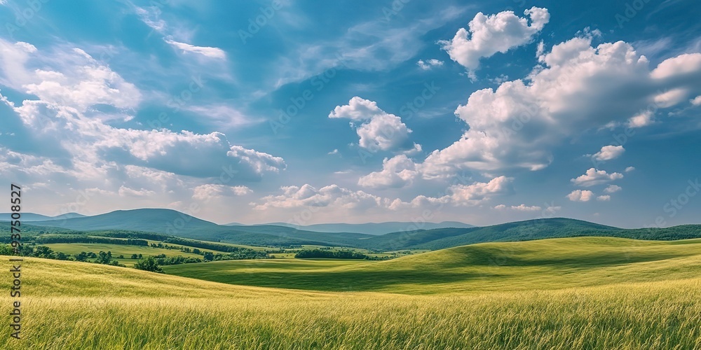 Beautiful summer landscape with green meadow and blue sky with clouds, Hilly green landscape view with green grass and beautiful sky - Beautiful summer landscape with green meadow and blue sky with clouds, Hilly green landscape view with green grass and beautiful sky -