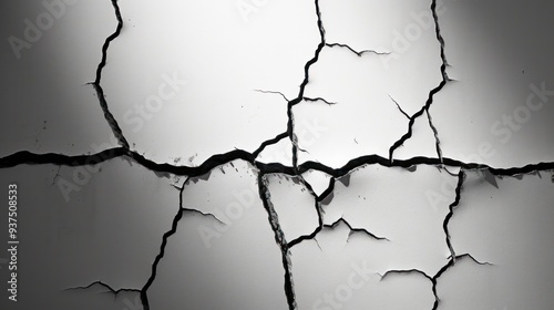 A black and white image of a crack in a wall, emphasizing the stark contrast between light and shadow and the dramatic lines of the crack