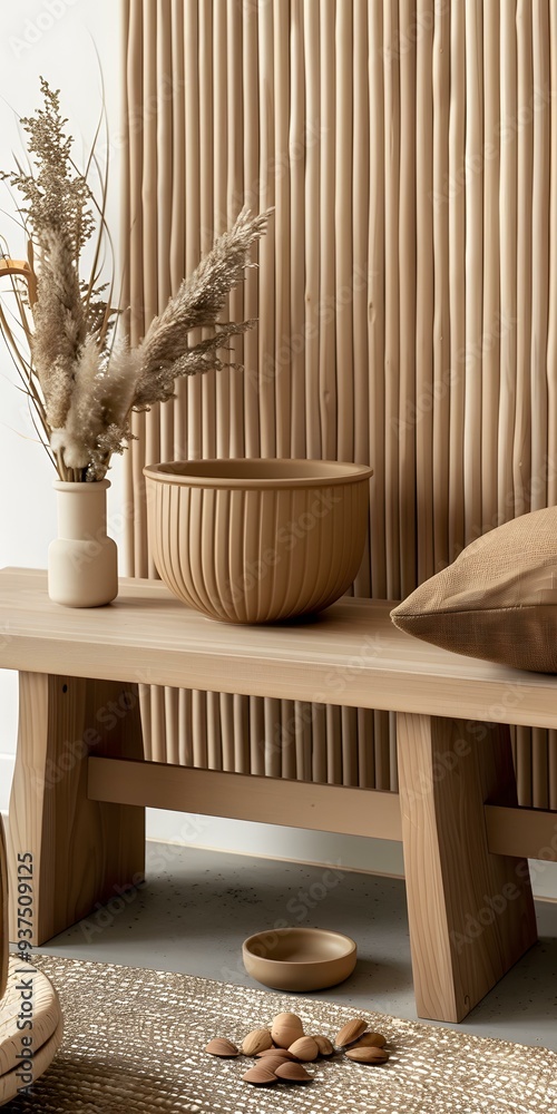 Wooden Bench with Dried Flowers and a Bowl