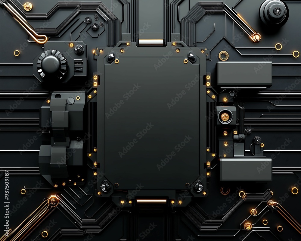 Fototapeta premium Sleek black background with shiny metal elements, overhead view, realistic photo style, futuristic look, more clarity with clear light and sharp focus, high detailed