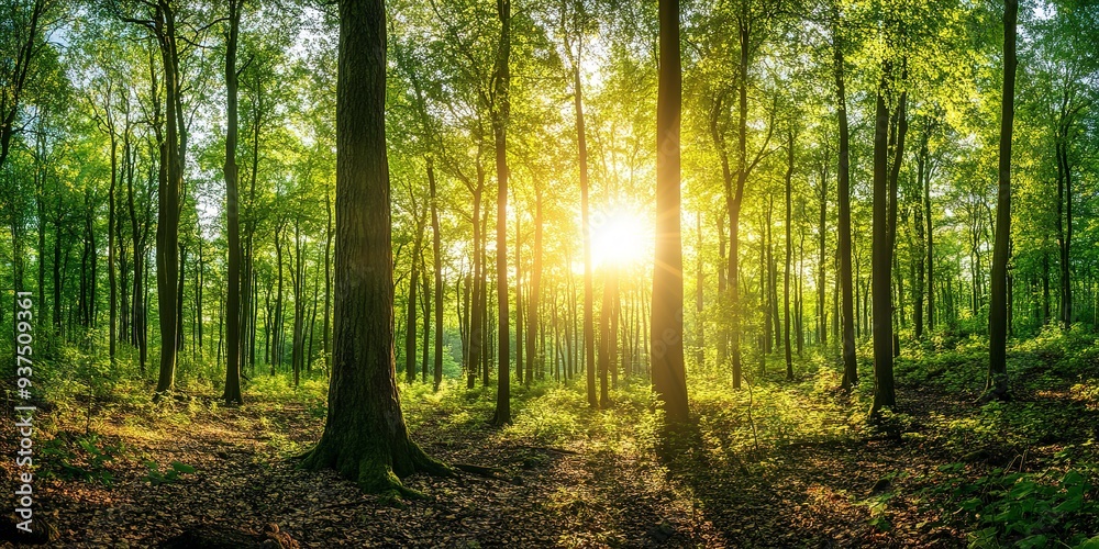 Fototapeta premium Green forest landscape panorama with trees and sun light going through leaves
