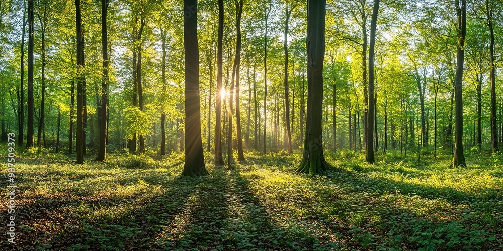 Green forest landscape panorama with trees and sun light going through leaves Green forest landscape panorama with trees and sun light going through leaves