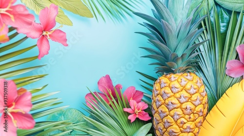 A vibrant tropical background featuring a pineapple, palm leaves and pink flowers.  Perfect for summer themes. photo