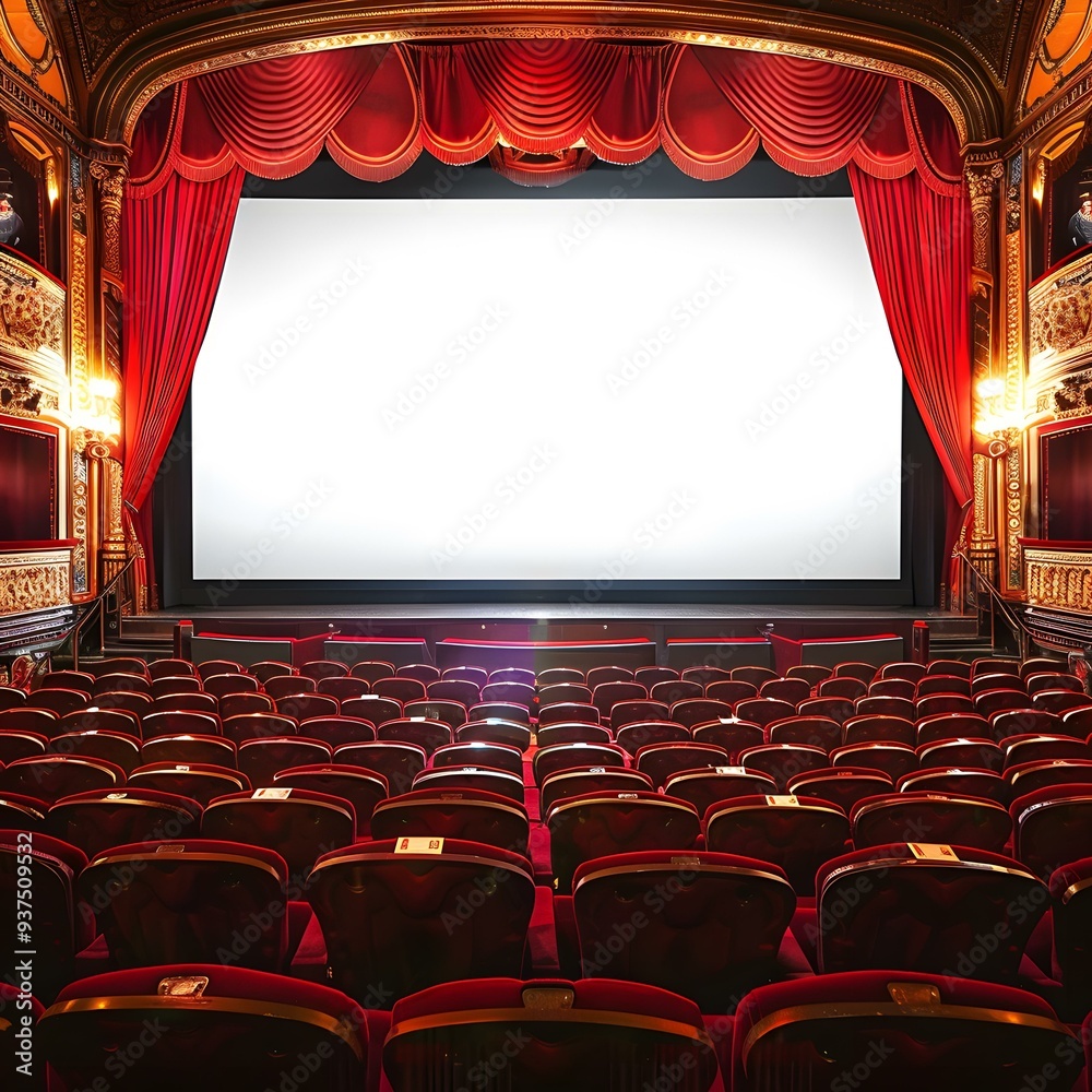 Fototapeta premium Empty Movie Theater Seats Facing Large White Screen