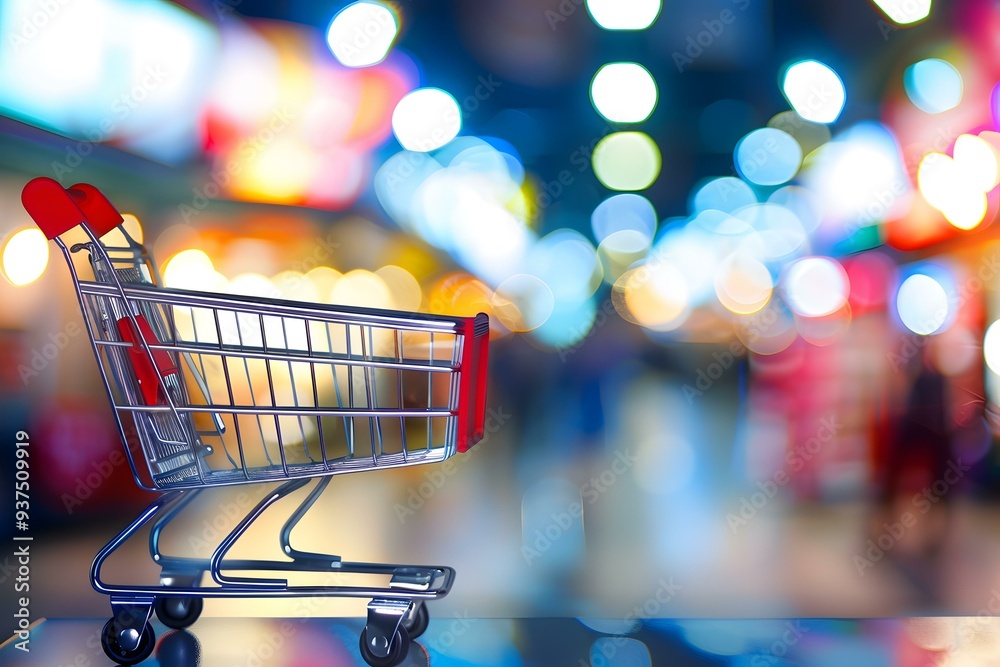 Empty Shopping Cart on Blurred Background of City Lights at Night Empty Shopping Cart on Blurred Background of City Lights at Night