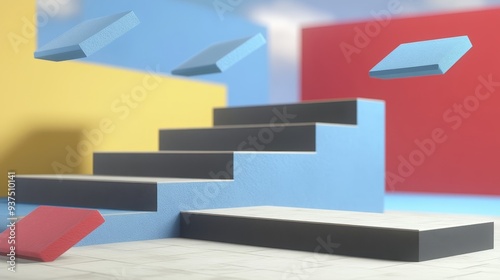 Abstract colorful geometric shapes create a modern and stylish product display.  The steps and platforms are perfect for showcasing products or branding.