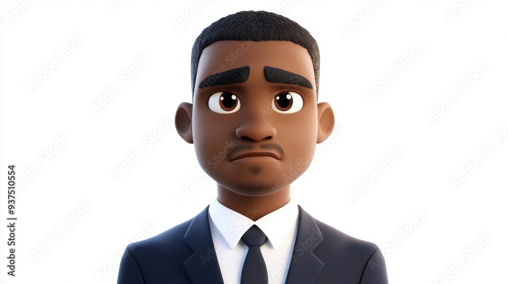 3D character close up portrait of a thoughtful African-American man in a dark blue suit, with a slight frown and furrowed brows, on a white backdrop, cartoon style, in the style of 3D design 3D character close up portrait of a thoughtful African-American man in a dark blue suit, with a slight frown and furrowed brows, on a white backdrop, cartoon style, in the style of 3D design