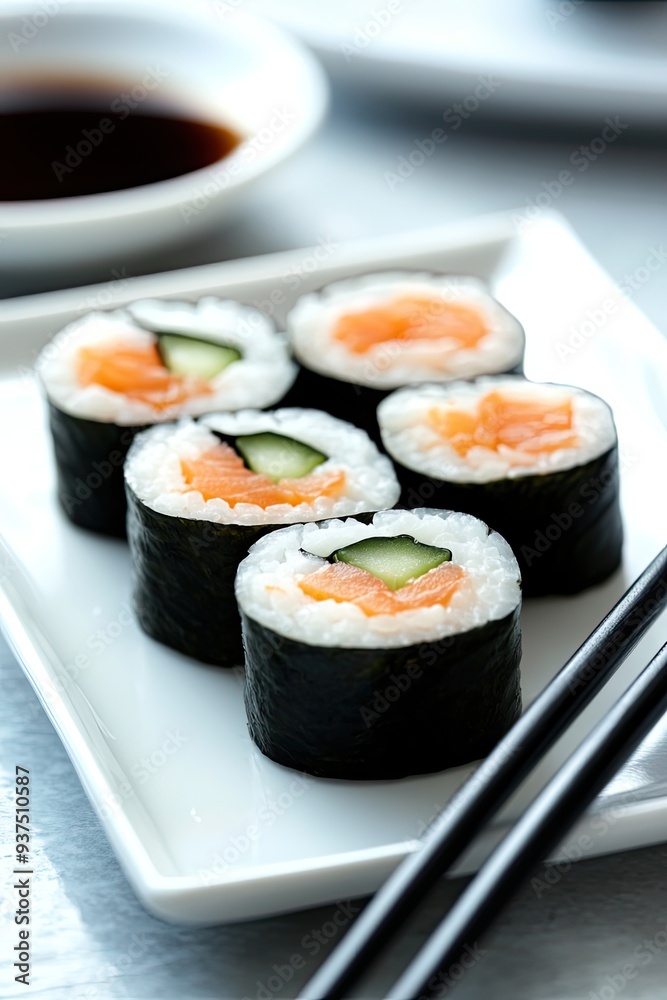 Professional Photo Sushi Rolls with Soy Sauce , Cyan Blue Background High Resolution Professional Photo Sushi Rolls with Soy Sauce , Cyan Blue Background High Resolution