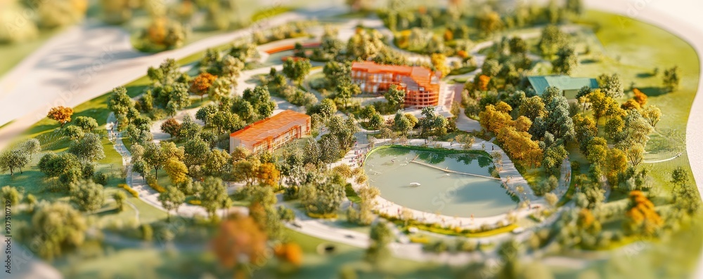 custom made wallpaper toronto digitalAerial view of a lush green park with a lake and buildings.