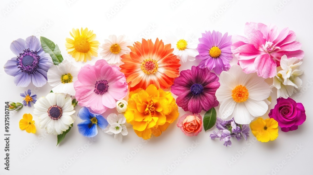 Beautiful colorful spring flowers arranged in a vibrant composition, isolated on a white background, perfect for Mothers Day and Womens Day concepts. Copy space, top view, flat lay. Beautiful colorful spring flowers arranged in a vibrant composition, isolated on a white background, perfect for Mothers Day and Womens Day concepts. Copy space, top view, flat lay.