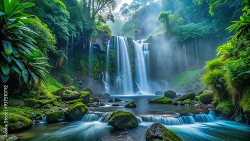 Cobalt Waterfall Tropic Exotic Rainforest Misty Veil Mossy Rocky Wet Dramatic Nature Luxuriant