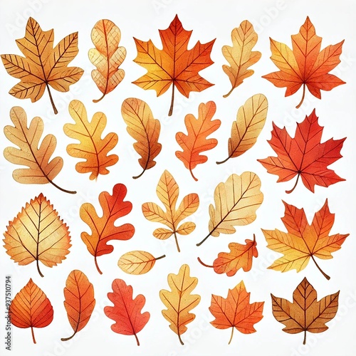 A collection of vibrant autumn leaves in various shapes and colors, perfect for seasonal designs and nature themes.