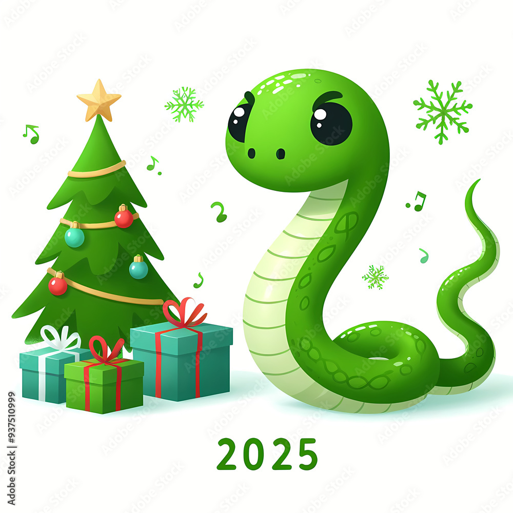 Naklejka premium Adorable little green snake celebrating New Year under a fancy Christmas tree with gifts