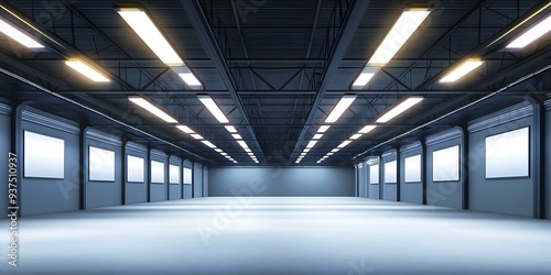 Empty Industrial Warehouse Interior With Fluorescent Lights