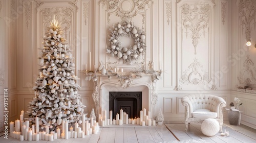 In a tranquil living room adorned with intricate designs, a white Christmas tree gleams with white ornaments. Surrounding it, candles flicker warmly, creating a cozy atmosphere for the festive season