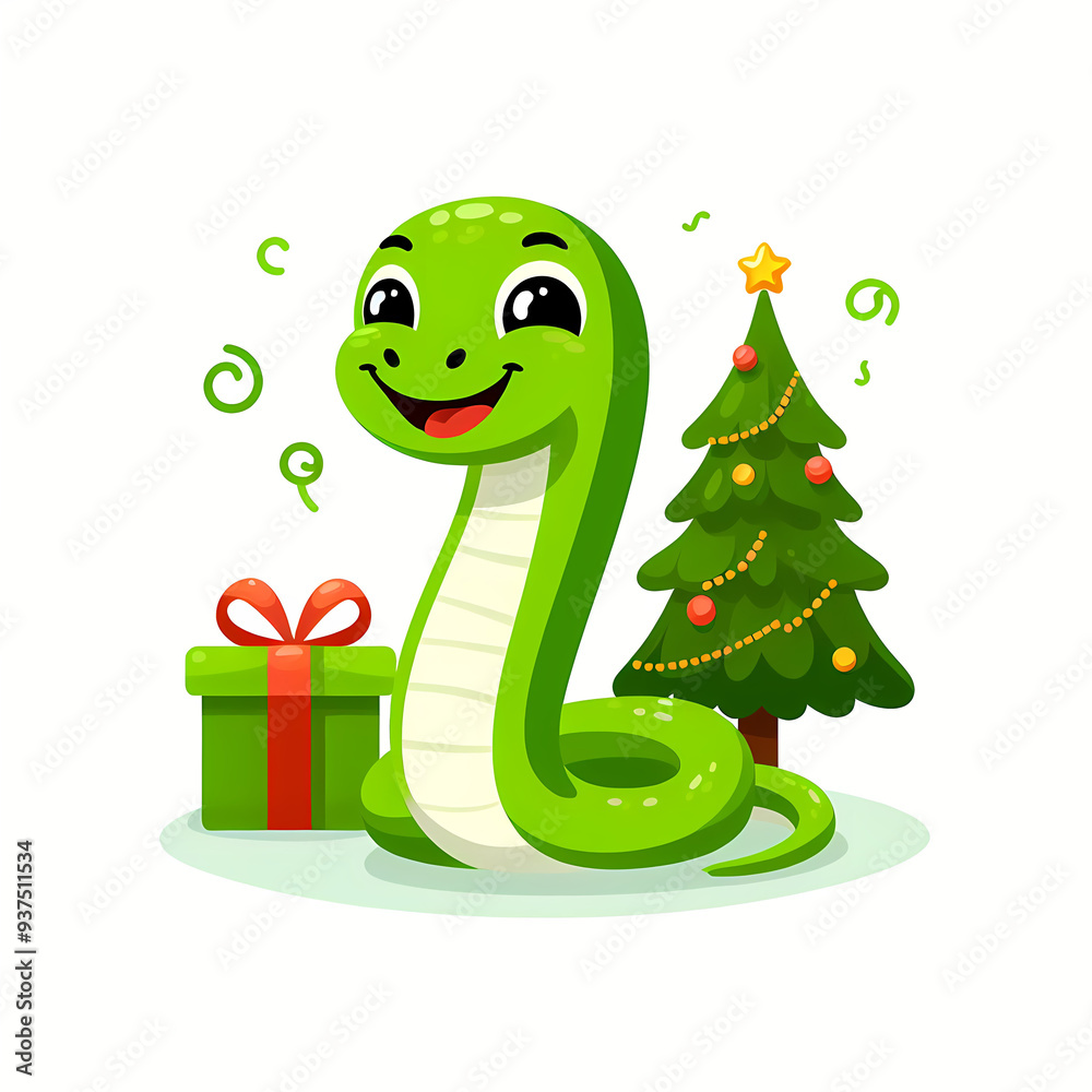 Naklejka premium Adorable little green snake celebrating New Year under a fancy Christmas tree with gifts