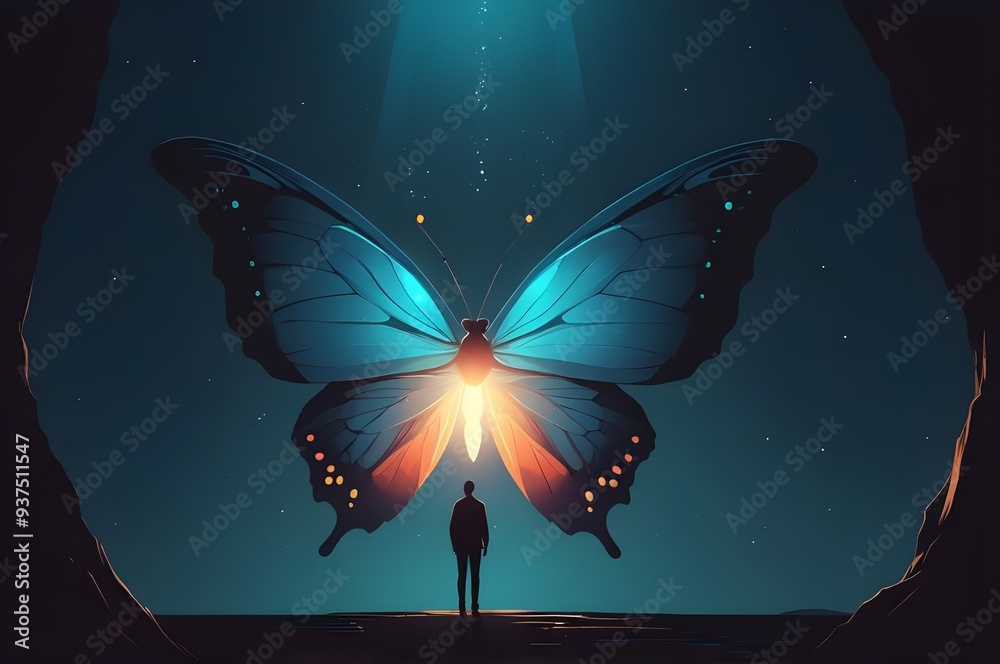 A person looking at a giant, glowing butterfly that hovers above a dark abyss A person looking at a giant, glowing butterfly that hovers above a dark abyss