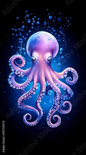 A vibrant, whimsical illustration of a purple octopus surrounded by bubbles, showcasing its playful nature and aquatic beauty.