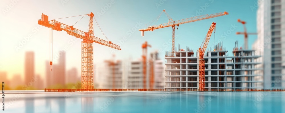 Construction cranes working on a new building complex. Construction cranes working on a new building complex.