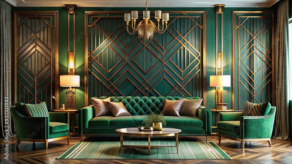 Rich Moody Color Palette of Brass and Emerald Green in Art Deco Inspired Concept with Geometric Patterns and Luxurious Fabrics Rich Moody Color Palette of Brass and Emerald Green in Art Deco Inspired Concept with Geometric Patterns and Luxurious Fabrics