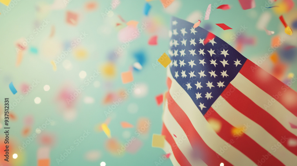 Obraz premium A vibrant celebration of patriotism with an American flag surrounded by colorful confetti in a joyful atmosphere