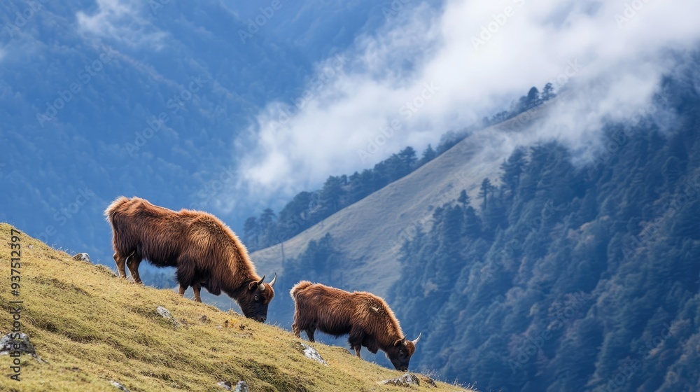 Bhutanese takin grazing on a mountain slope, representing the mystical and unique wildlife of Bhutan.