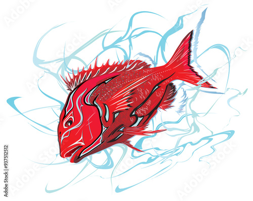 凜々しい深紅のマダイ魚体に歌舞伎隈取化粧を施した日本的ベクターイラスト（背景に本水風の水しぶき柄）