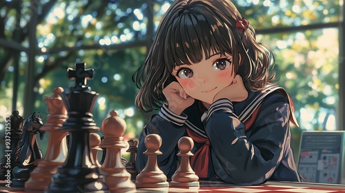 Anime Girl in School Uniform Playing Chess.