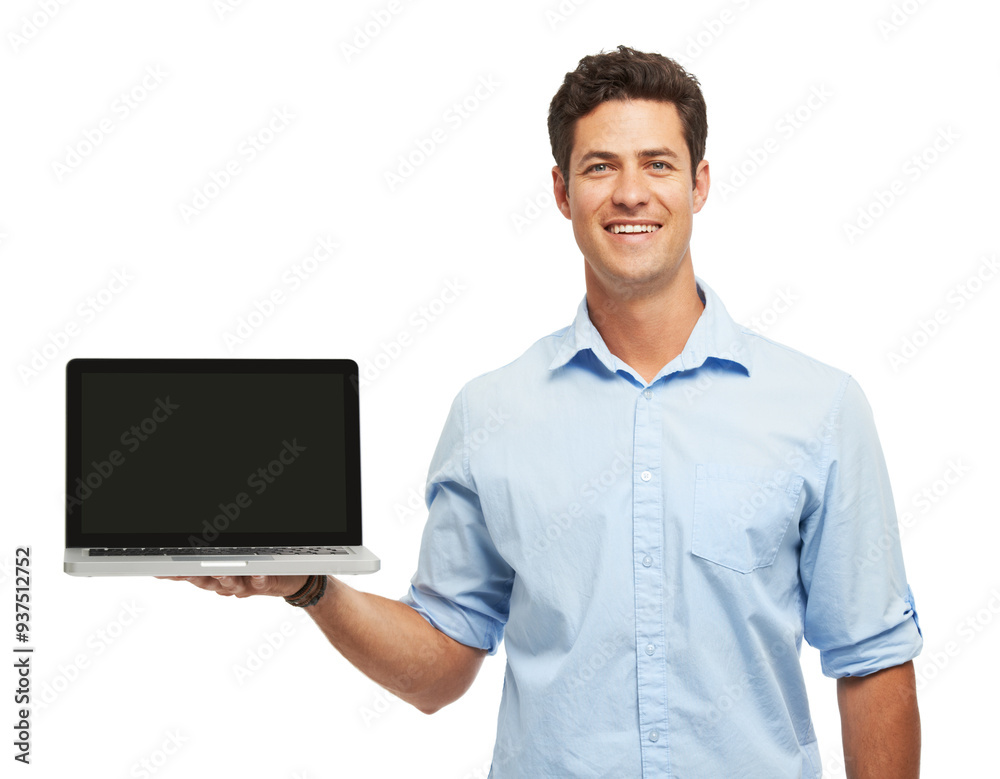 Man, laptop screen and portrait in studio with mockup space, connection and ui by white background. Person, employee and computer with blank display, happy and networking for job at creative agency Man, laptop screen and portrait in studio with mockup space, connection and ui by white background. Person, employee and computer with blank display, happy and networking for job at creative agency