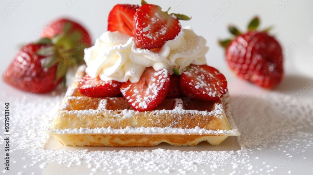 A captivating close-up of a Belgian waffle topped with whipped cream, fresh strawberries, and a dusting of powdered sugar A captivating close-up of a Belgian waffle topped with whipped cream, fresh strawberries, and a dusting of powdered sugar