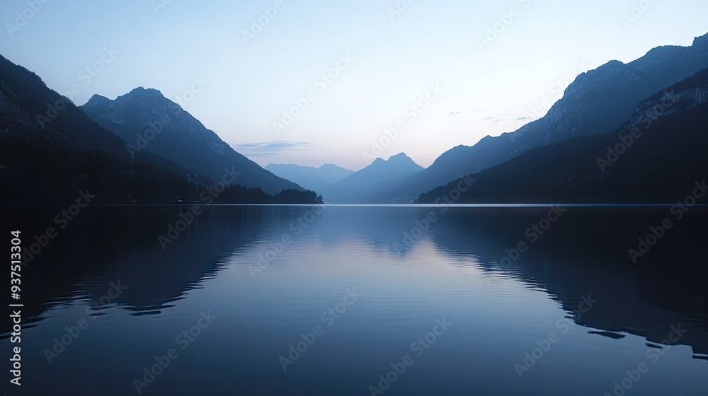 Calm lake at dusk, with the last light of the day reflecting on the water and mountains in the background. Calm lake at dusk, with the last light of the day reflecting on the water and mountains in the background.
